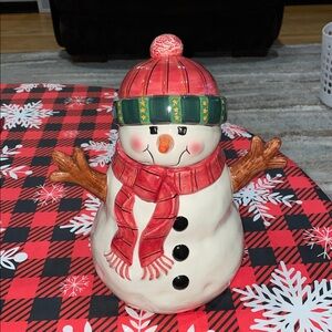 Vintage Sakura Snowman Cookie Jar Earthenware Decor Fiddlestix Snowman